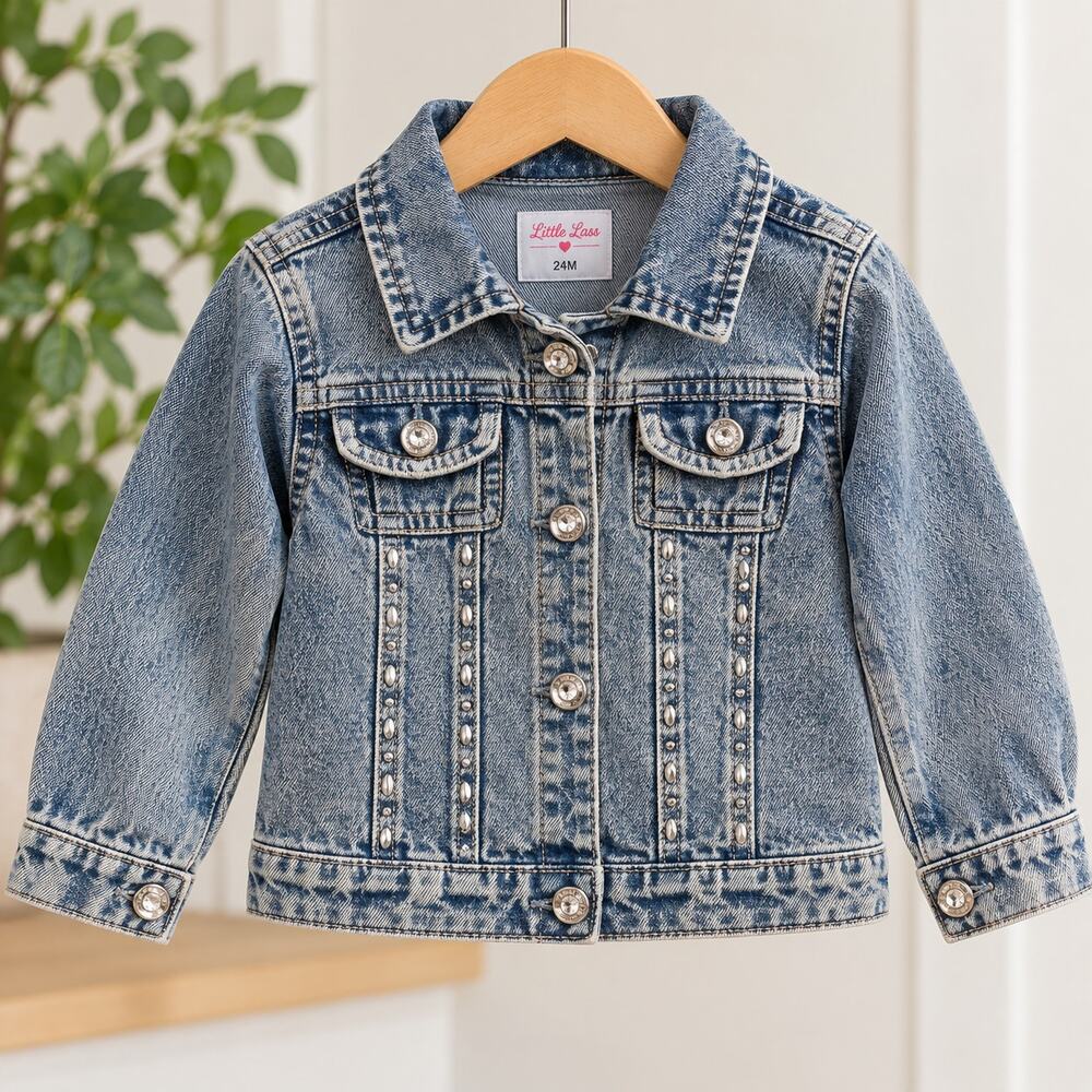 Little Lass 24M Y2K Denim Jacket Acid Wash Sequin Plaid Heart Retro Girls